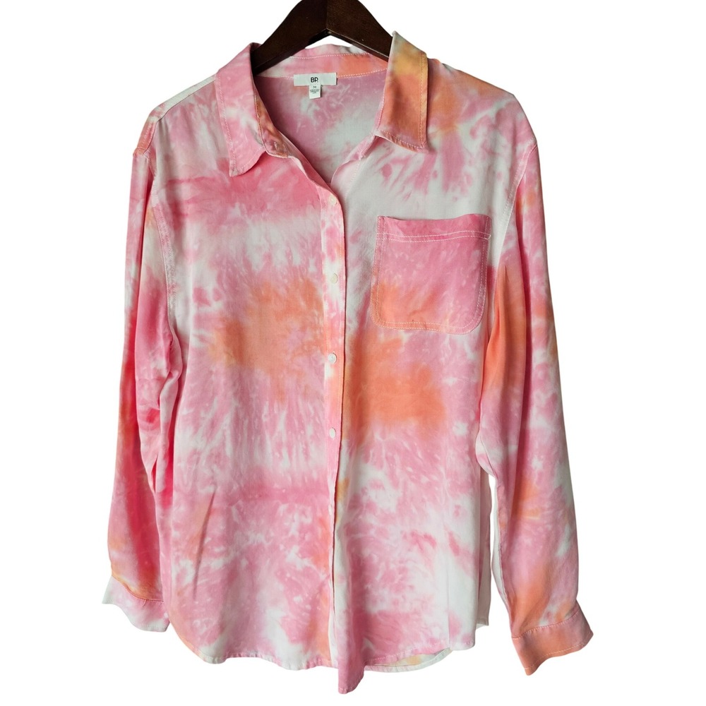 BP. Women's Tie Dye Button Down Long Sleeve Shirt Top Pink Orange Medium